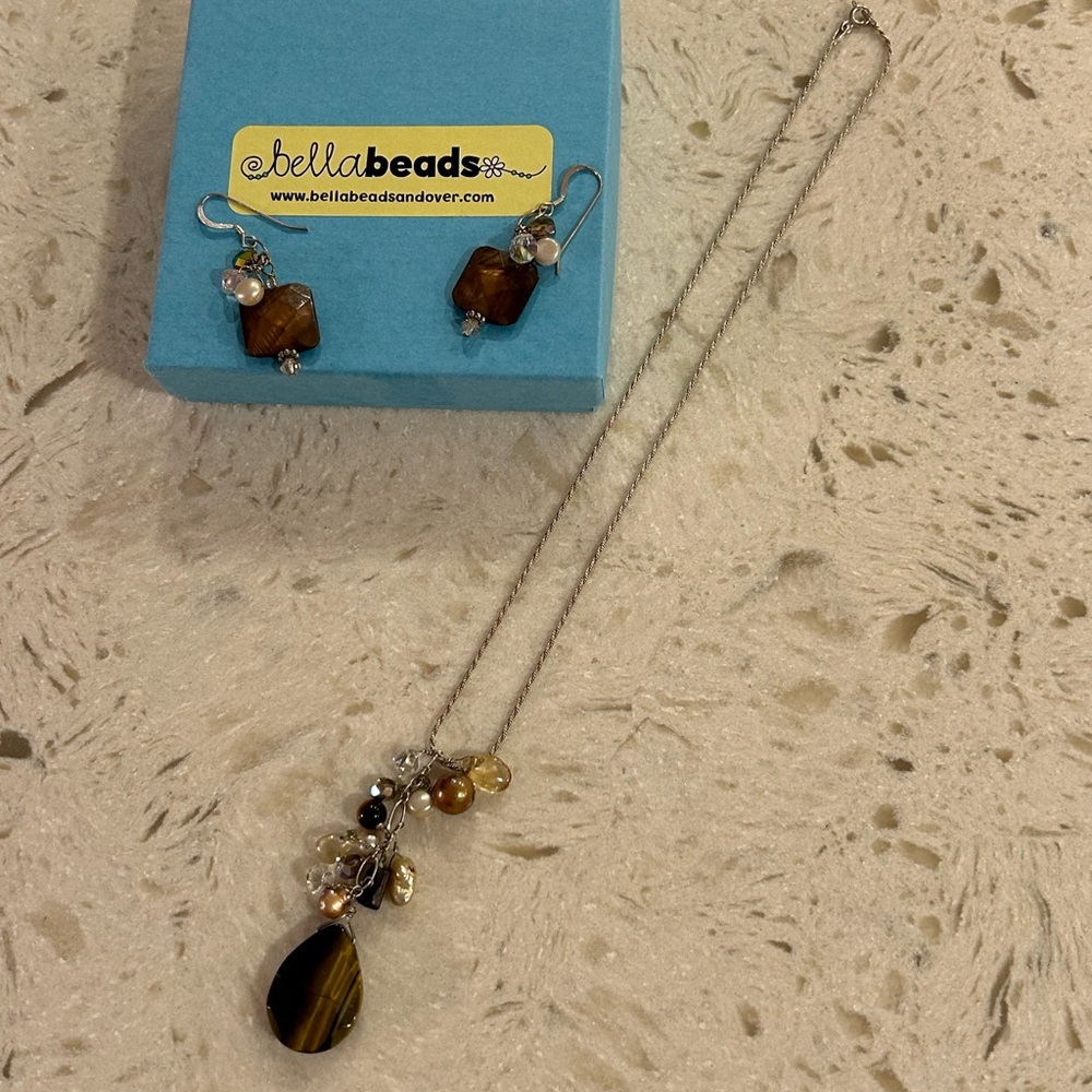 Stunning beaded pendant sterling necklace with matching brown earrings set